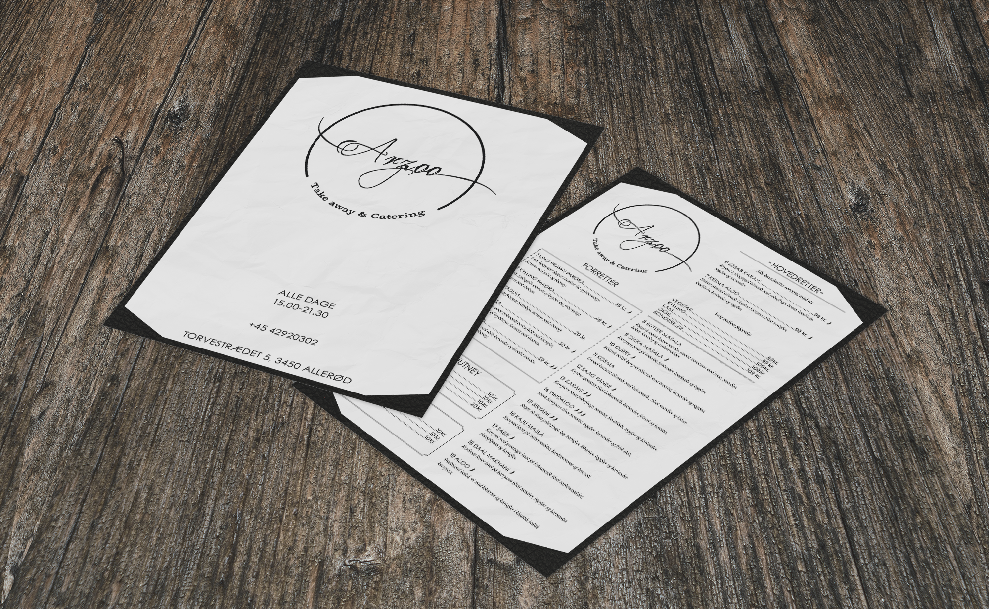 print design, a menu for Arzoo, a restaurant in Allerød